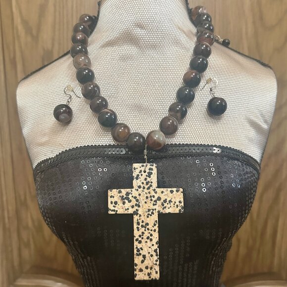 Vintage Handmade Large Cross Pendant Necklace And Earrings Custom Made Set - Picture 1 of 7